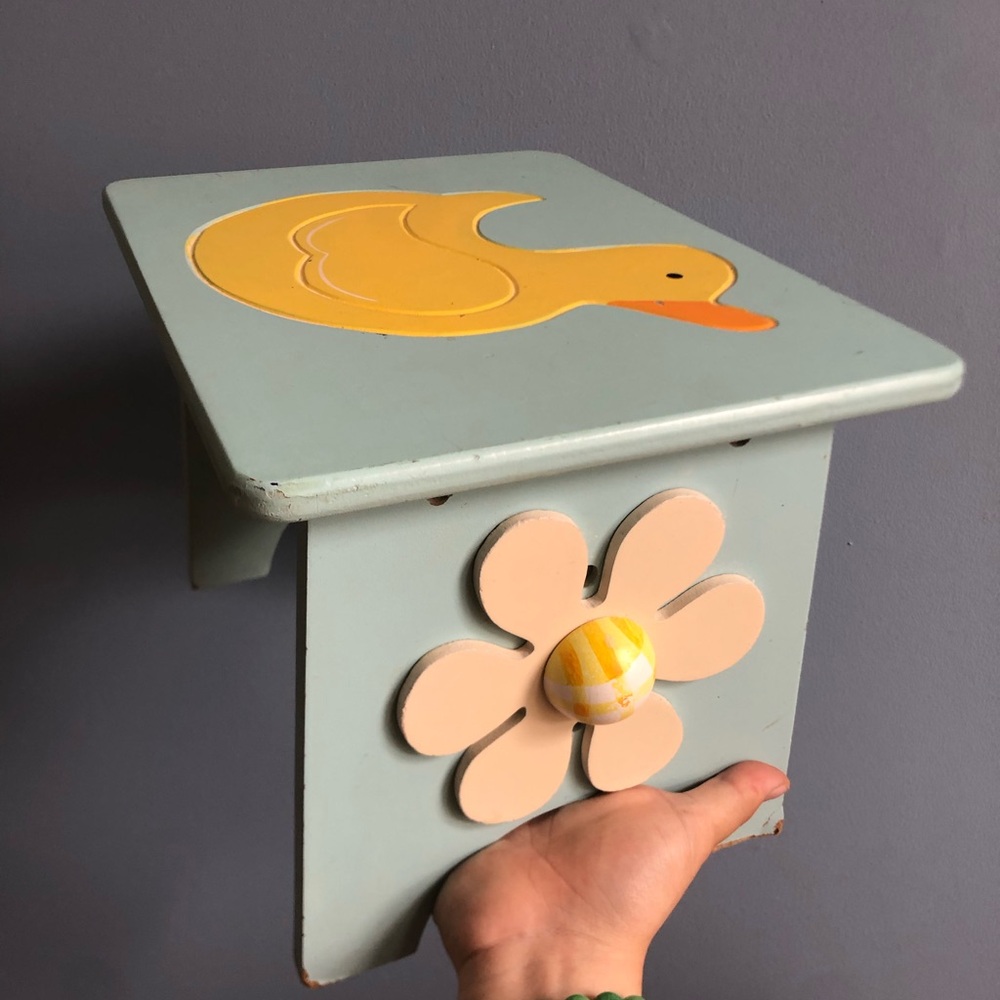 Hand-Painted Duck Accent Stool in Pale Blue and Yellow with Flowers